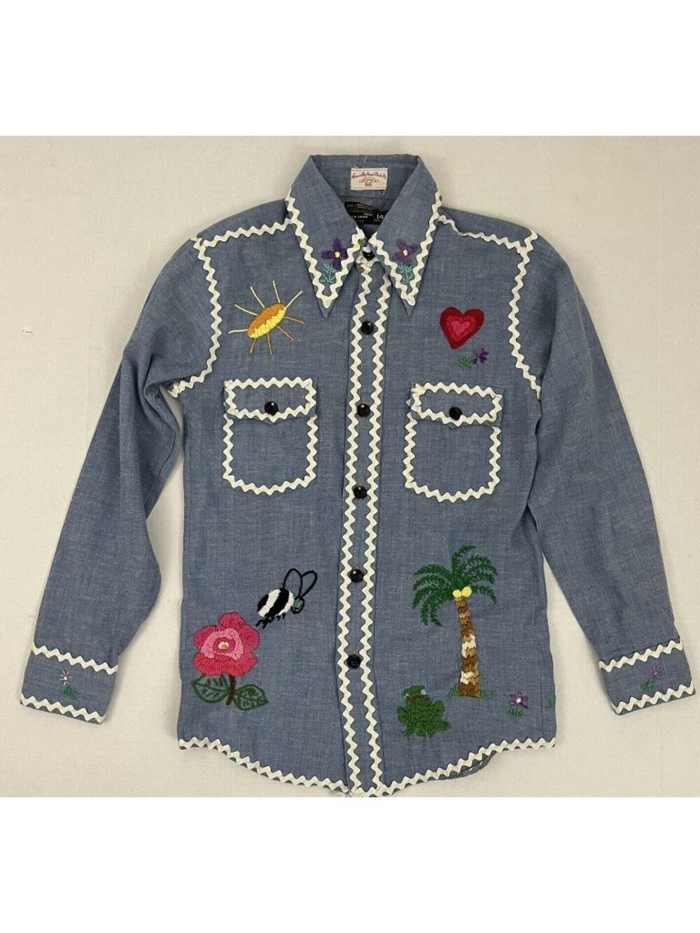 Vintage JC Penney Towncraft Denim Shirt Top Kids 14 Embroidered White Ric-rac
